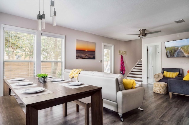 living room featuring ceiling fan, a healthy amount of sunlight, a textured ceiling, and dark hardwood / wood-style flooring