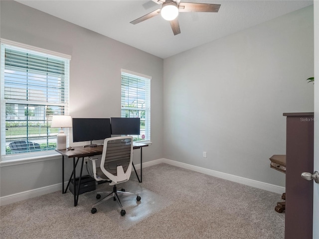 carpeted office featuring ceiling fan and a wealth of natural light