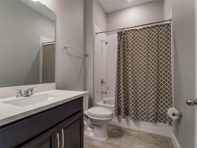 full bathroom featuring vanity, toilet, and shower / bathtub combination with curtain