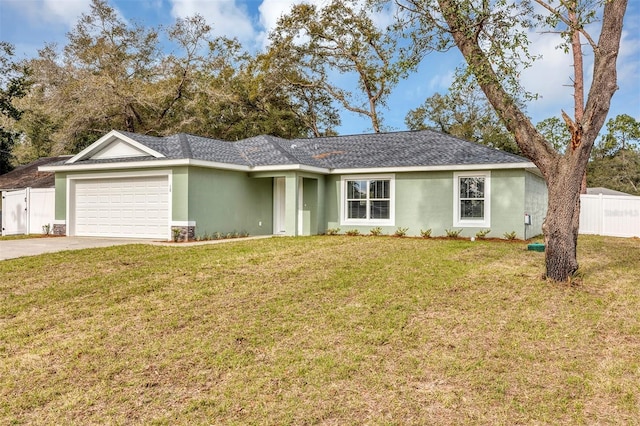 ranch-style house featuring a front lawn and a garage