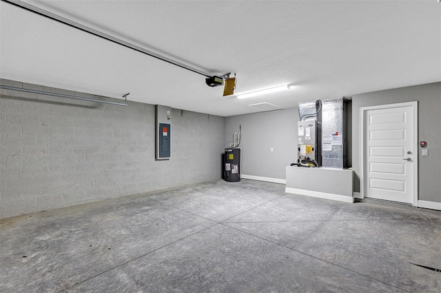 garage featuring electric water heater, a garage door opener, heating unit, and electric panel