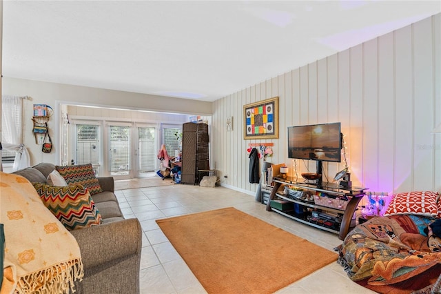 tiled living room with wood walls