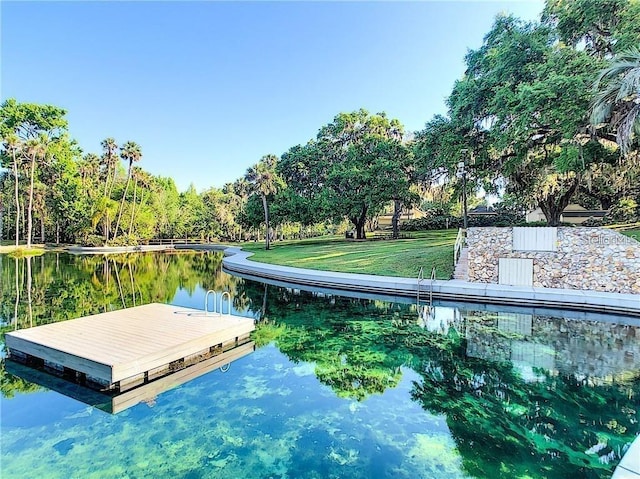 dock area with a water view and a yard