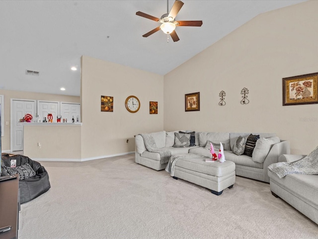 carpeted living room featuring lofted ceiling and ceiling fan