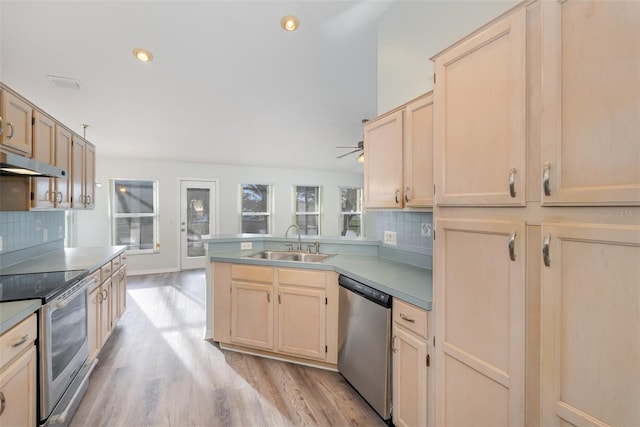 kitchen featuring decorative backsplash, sink, stainless steel appliances, and light hardwood / wood-style flooring