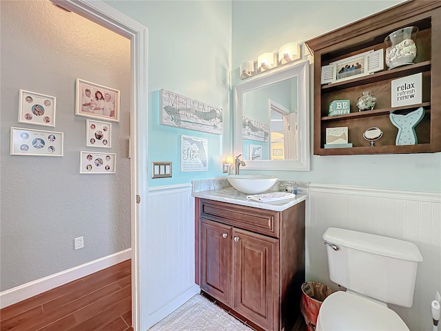 bathroom featuring toilet, vanity, and wood-type flooring