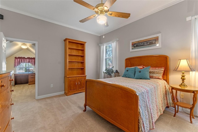 carpeted bedroom with crown molding and ceiling fan