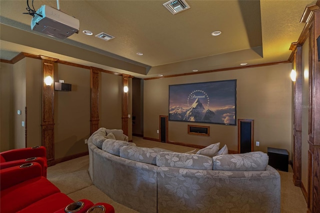 carpeted cinema room featuring a raised ceiling and crown molding