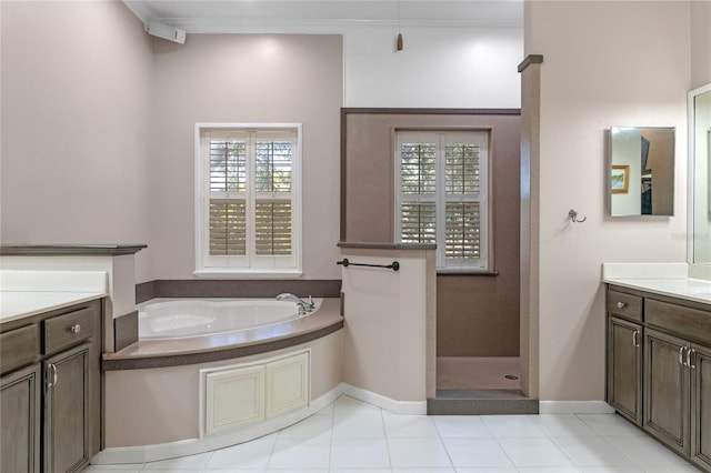 bathroom featuring tile patterned flooring, a garden tub, vanity, ornamental molding, and walk in shower