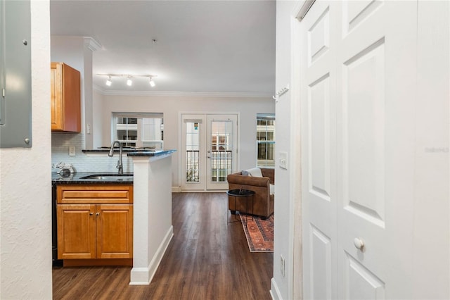 kitchen with dark wood-type flooring, french doors, decorative backsplash, sink, and crown molding