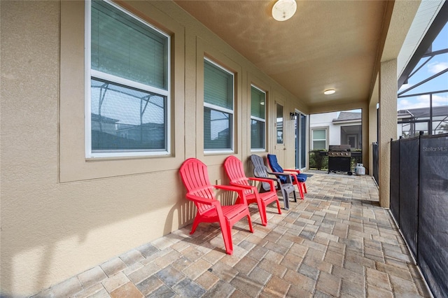 view of patio with a lanai and area for grilling