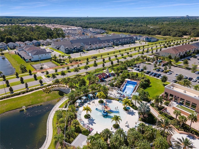 drone / aerial view with a water view