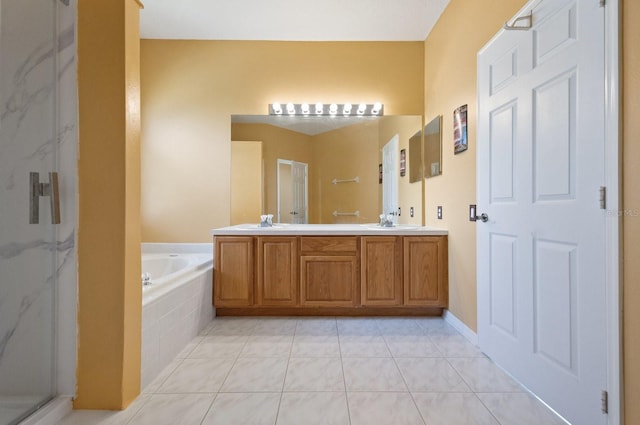 bathroom featuring vanity, separate shower and tub, and tile patterned flooring