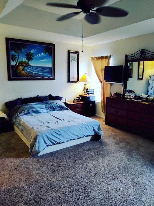 carpeted bedroom with ceiling fan and a tray ceiling