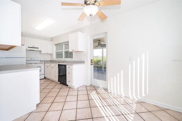 kitchen featuring sink, white appliances, white cabinets, and light tile patterned flooring