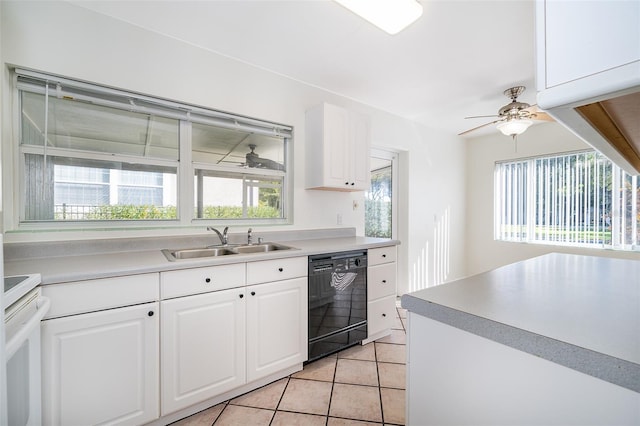 kitchen featuring sink, white electric range, dishwasher, white cabinetry, and light tile patterned flooring