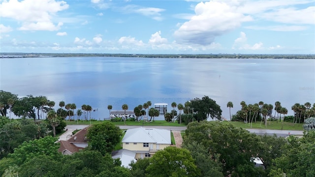 birds eye view of property with a water view