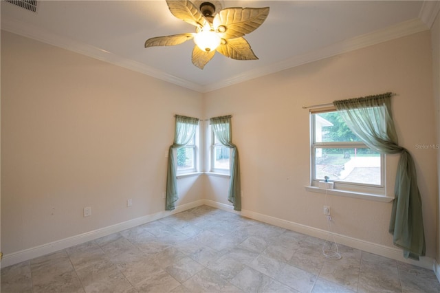 unfurnished room with ornamental molding and ceiling fan