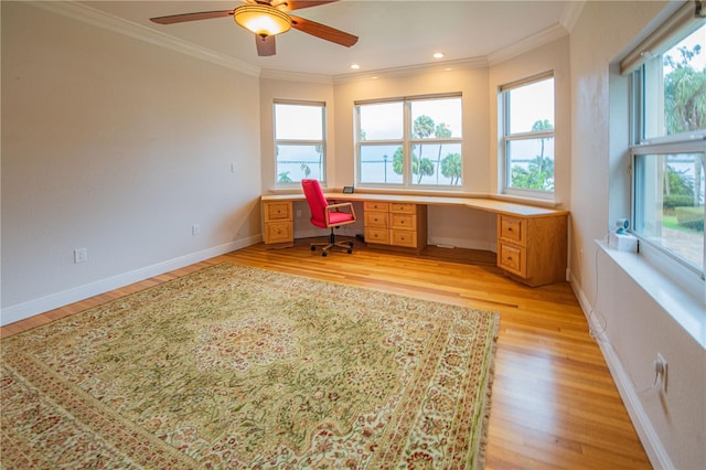 unfurnished office with built in desk, ornamental molding, ceiling fan, and light wood-type flooring