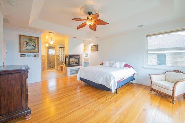 bedroom with a raised ceiling, ceiling fan, light wood-type flooring, and multiple windows