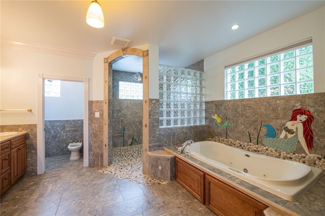 bathroom featuring separate shower and tub, tile walls, a bidet, vanity, and ornamental molding