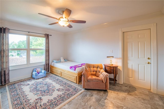 bedroom with crown molding and ceiling fan