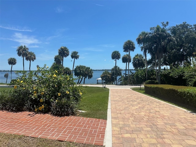 view of property's community featuring a water view and a lawn