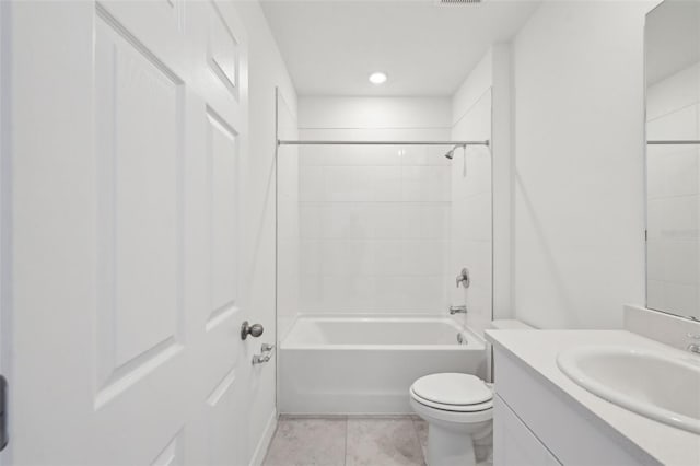 full bathroom with toilet, tile patterned flooring, bathtub / shower combination, and vanity