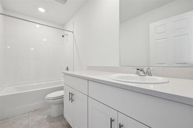 bathroom with toilet, tile patterned floors, shower / tub combination, and vanity