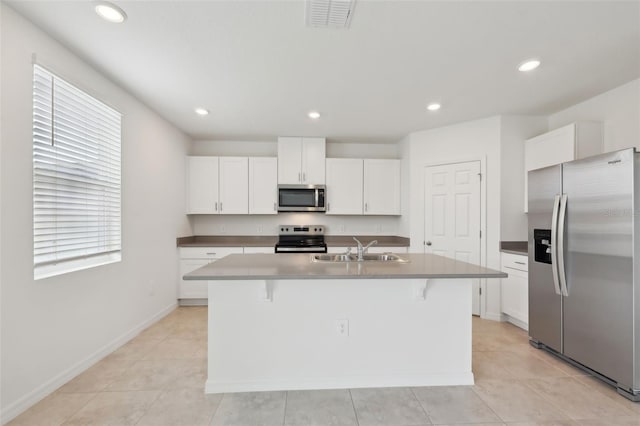 kitchen with appliances with stainless steel finishes, a sink, visible vents, and white cabinets