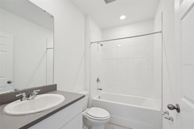 bathroom featuring toilet, visible vents, shower / washtub combination, and vanity