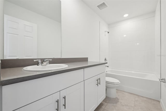 full bathroom with visible vents, bathing tub / shower combination, toilet, tile patterned flooring, and vanity