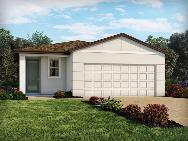 single story home featuring a garage and a front yard