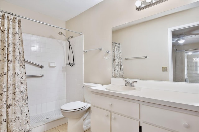 bathroom with vanity, toilet, walk in shower, and tile patterned flooring