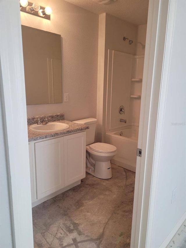 full bathroom with toilet, a textured ceiling, vanity, and bathtub / shower combination