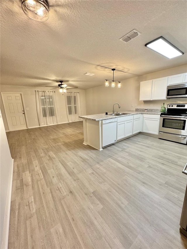 kitchen featuring light wood finished floors, visible vents, open floor plan, stainless steel appliances, and a sink