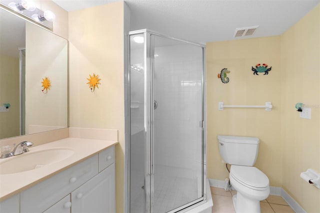 bathroom featuring a textured ceiling, tile patterned floors, a shower with door, vanity, and toilet