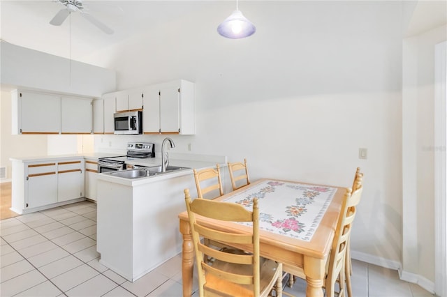 kitchen with stainless steel appliances, pendant lighting, white cabinets, and kitchen peninsula