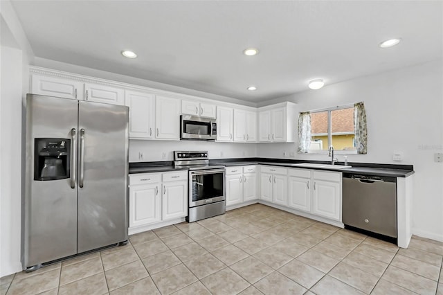 kitchen featuring sink, white cabinetry, light tile patterned floors, and appliances with stainless steel finishes