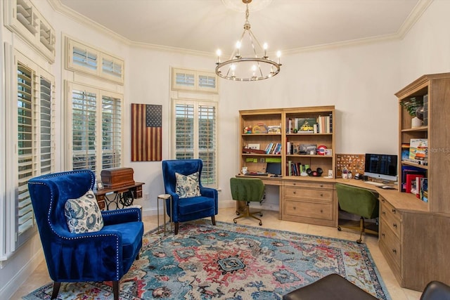 office space with a notable chandelier, ornamental molding, built in desk, and light tile patterned flooring