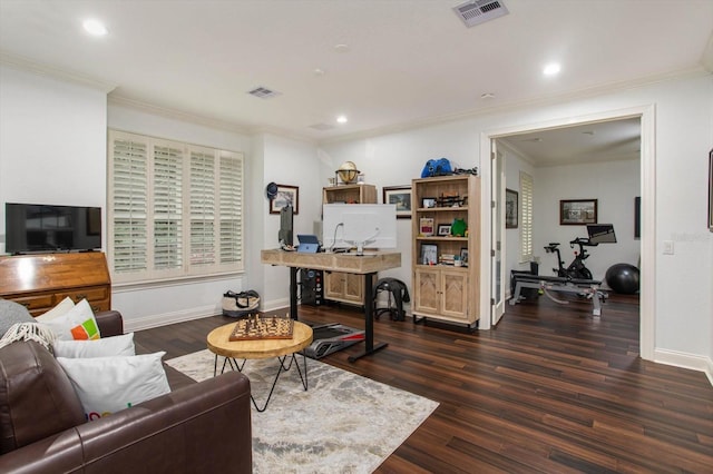 living room featuring ornamental molding and dark hardwood / wood-style flooring