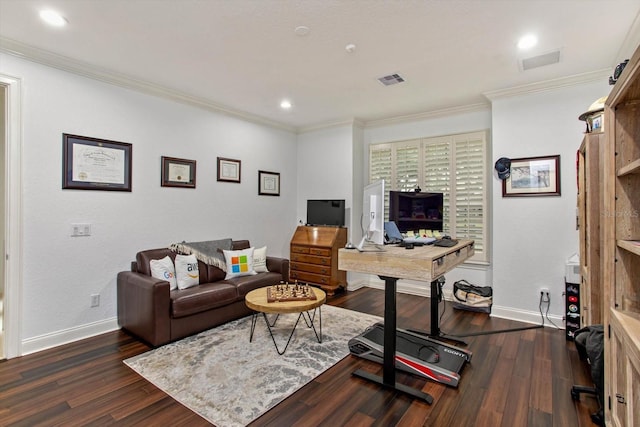 living room featuring dark hardwood / wood-style flooring and crown molding