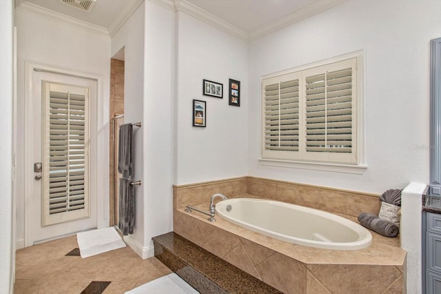 bathroom with tile patterned floors, shower with separate bathtub, and crown molding