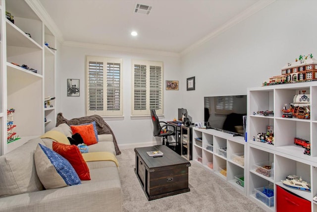 carpeted living room with crown molding