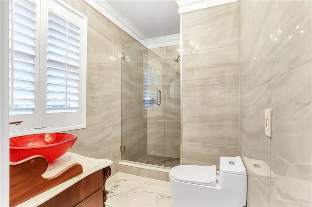 bathroom featuring tile walls, crown molding, toilet, and walk in shower