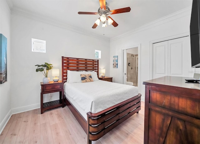 bedroom with ceiling fan, light hardwood / wood-style flooring, connected bathroom, and crown molding