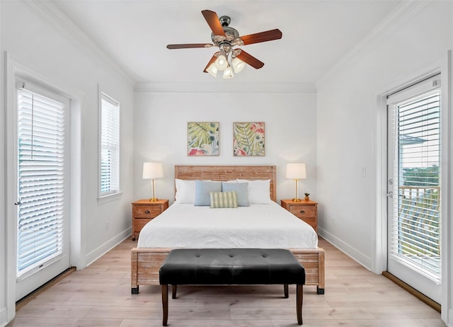 bedroom with ceiling fan, ornamental molding, access to outside, and light hardwood / wood-style flooring