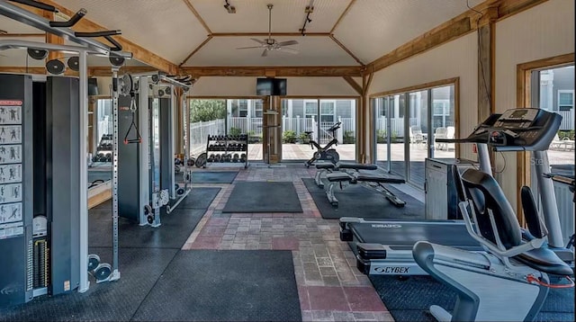 gym with ceiling fan and lofted ceiling