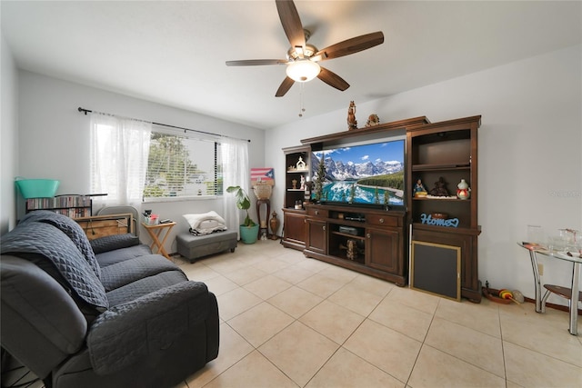 living room with light tile patterned floors and ceiling fan