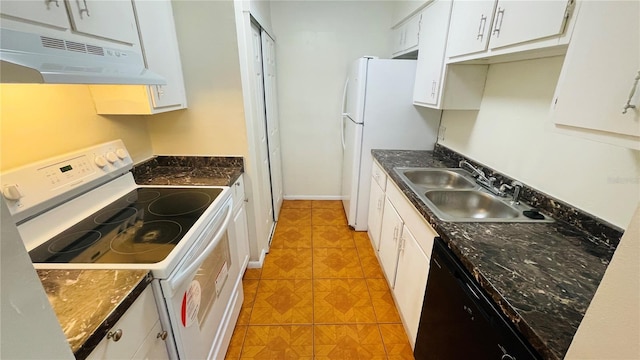 kitchen featuring white cabinetry, sink, white appliances, and dark stone counters